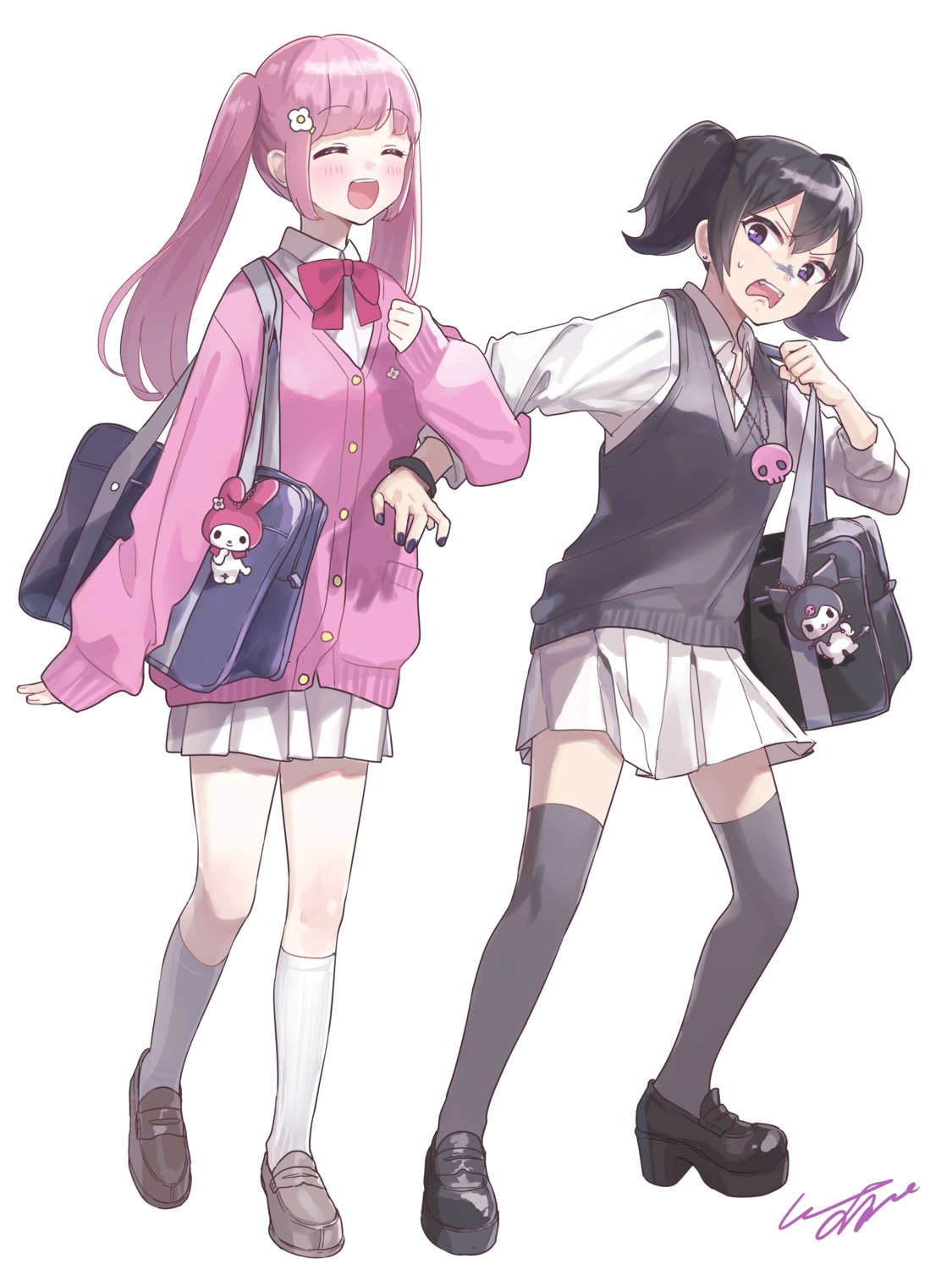 heels, kuromi_(sanrio), my_melody, onegai_my_melody, pomu, seifuku, sweater, thighhighs