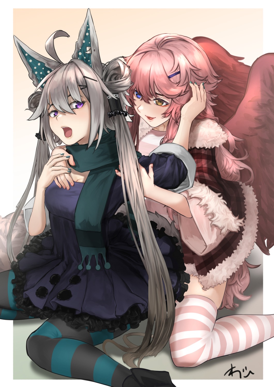 animal_ears, dress, heterochromia, oregano_(olgn_eao), tail, thighhighs, wings, yuri