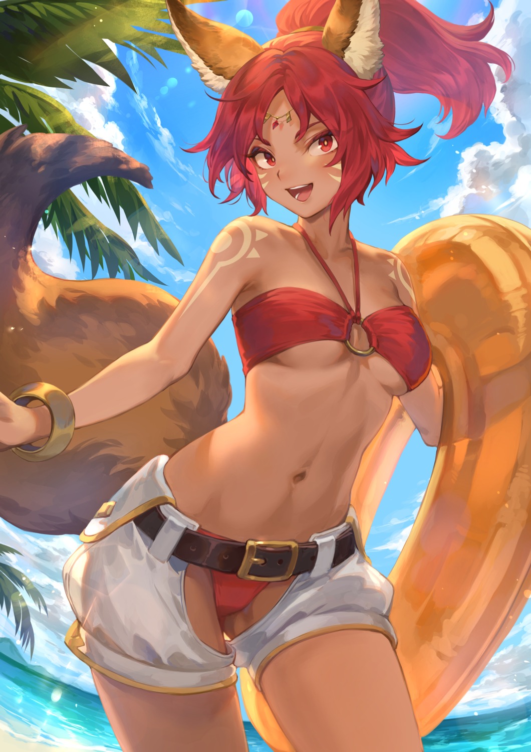 afk_arena, animal_ears, bikini, mashu_(003), swimsuits, tail, tattoo, underboob