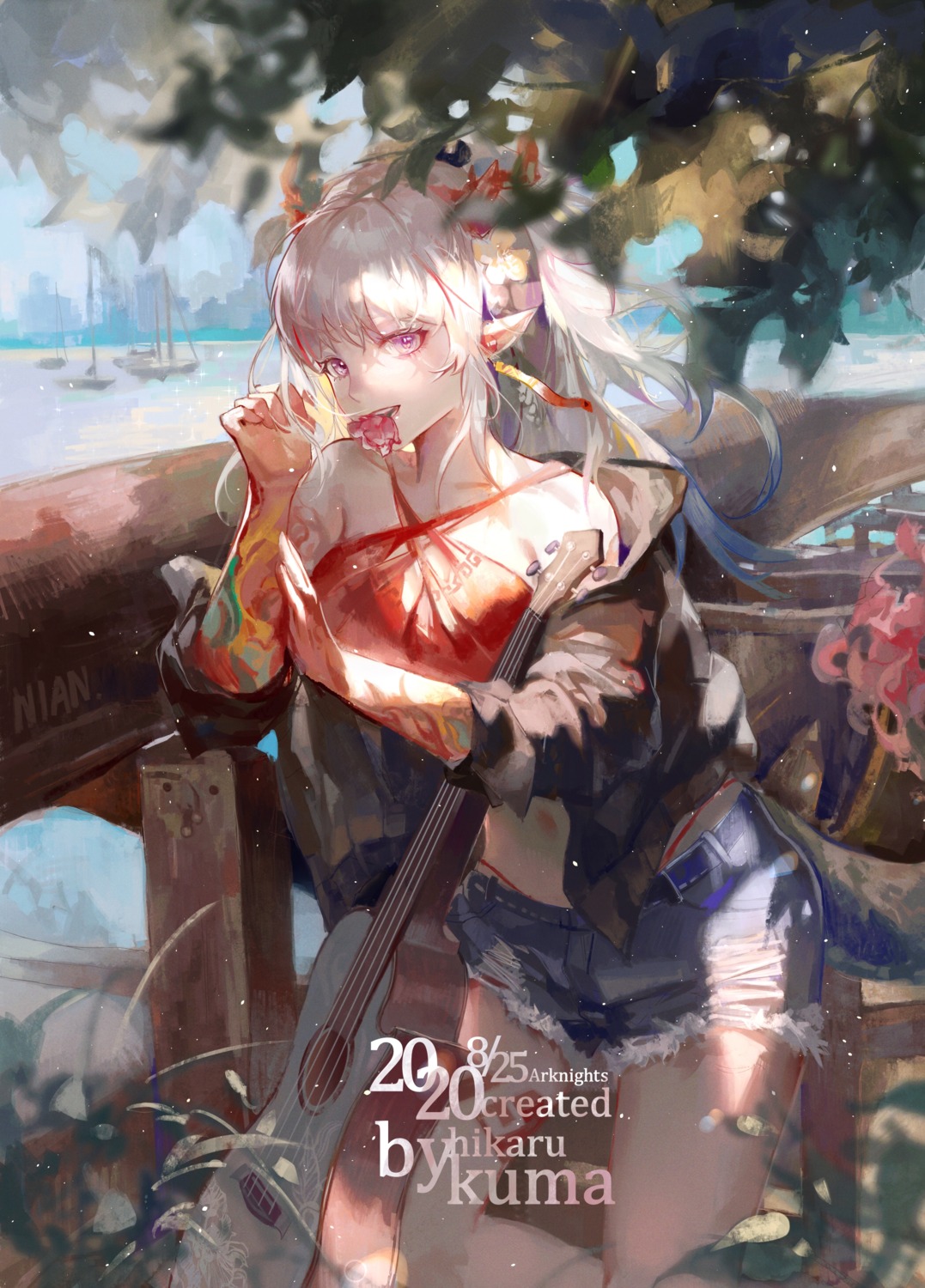arknights, daylightallure, guitar, horns, nian_(arknights), pointy_ears, tail, tattoo