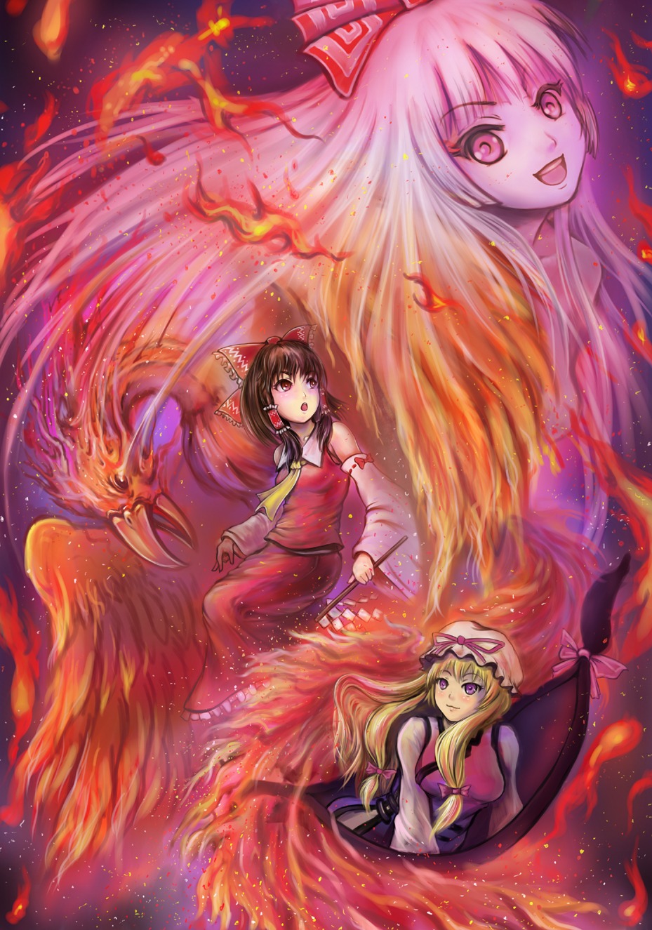 fujiwara_no_mokou, hakurei_reimu, sai-go, touhou, yakumo_yukari
