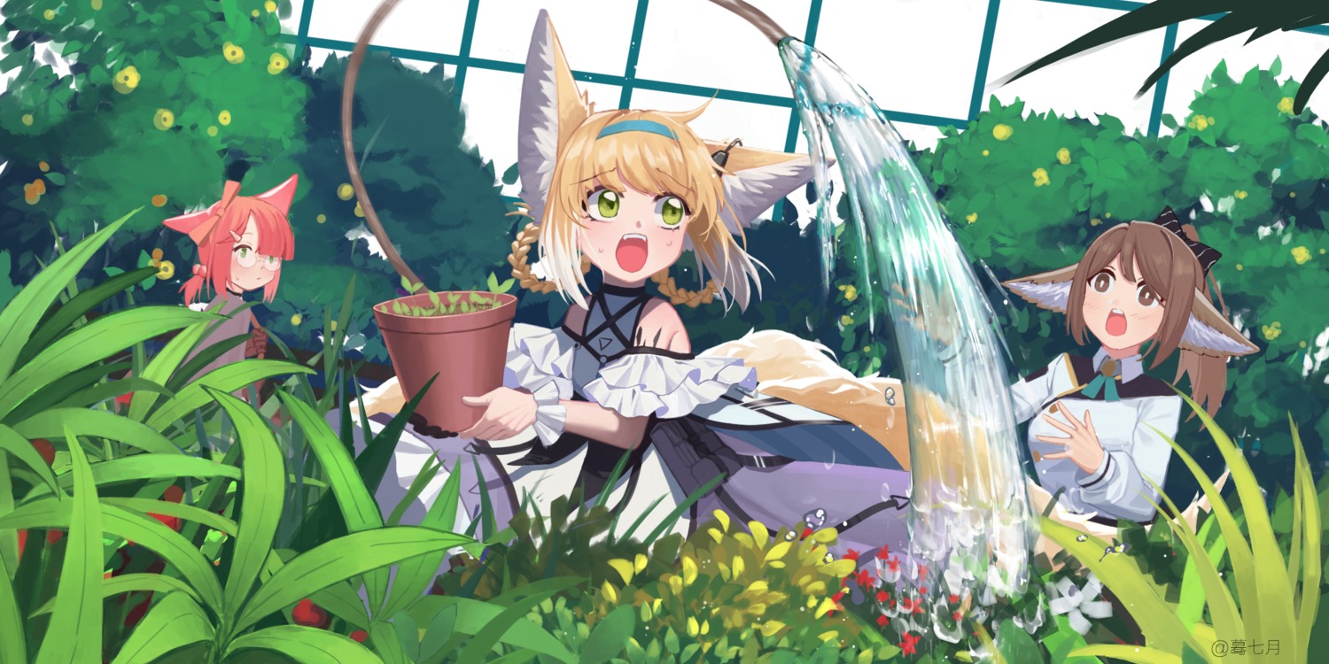 animal_ears, arknights, kitsune, moli_qiyue, myrrh_(arknights), perfumer_(arknights), skirt_lift, suzuran_(arknights)