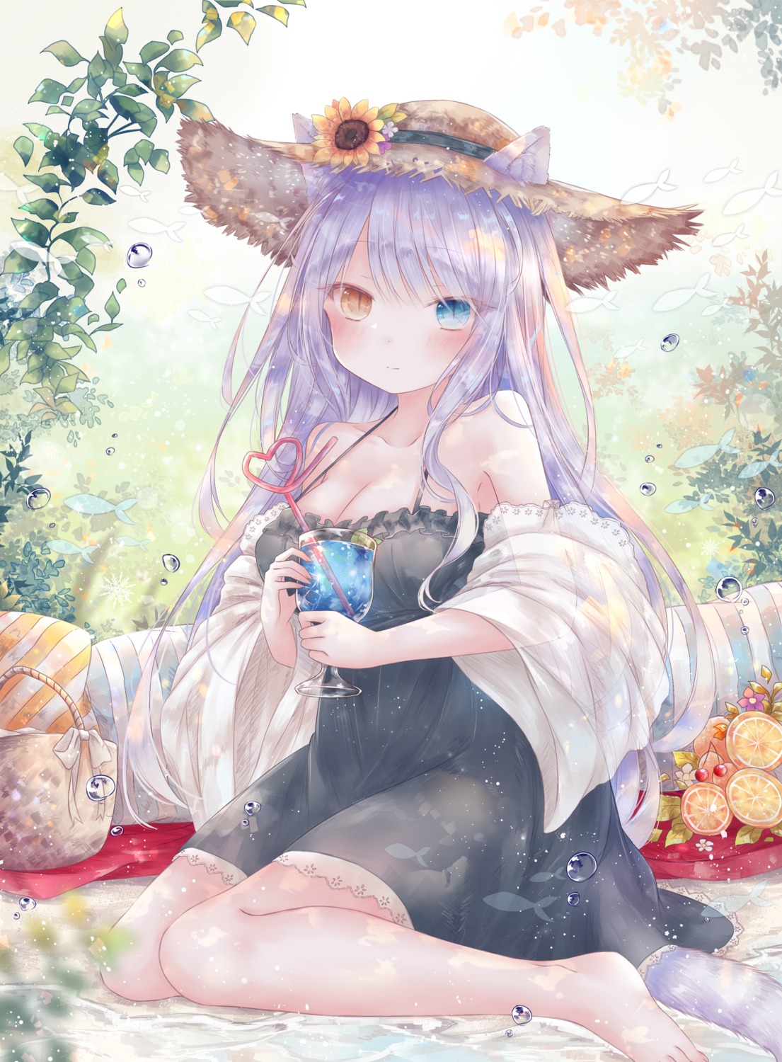 animal_ears, cleavage, dress, heterochromia, no_bra, summer_dress, tail, yenshin