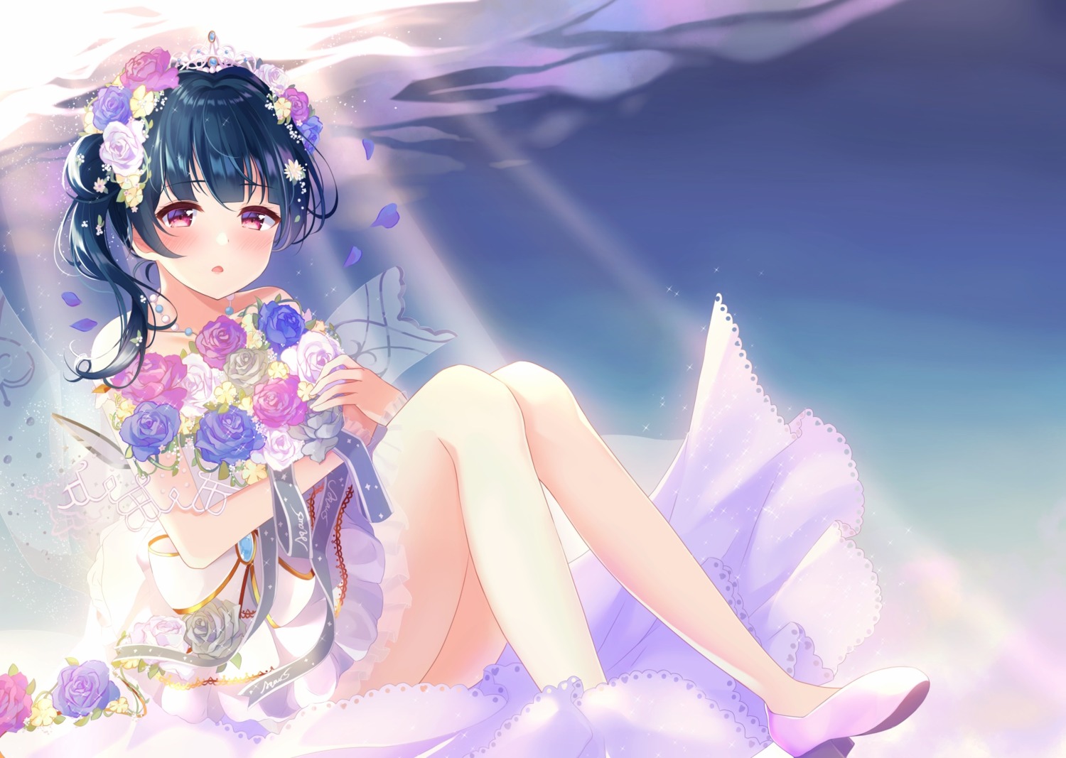 depe, dress, heels, love_live!_(series), love_live!_sunshine!!, skirt_lift, tsushima_yoshiko
