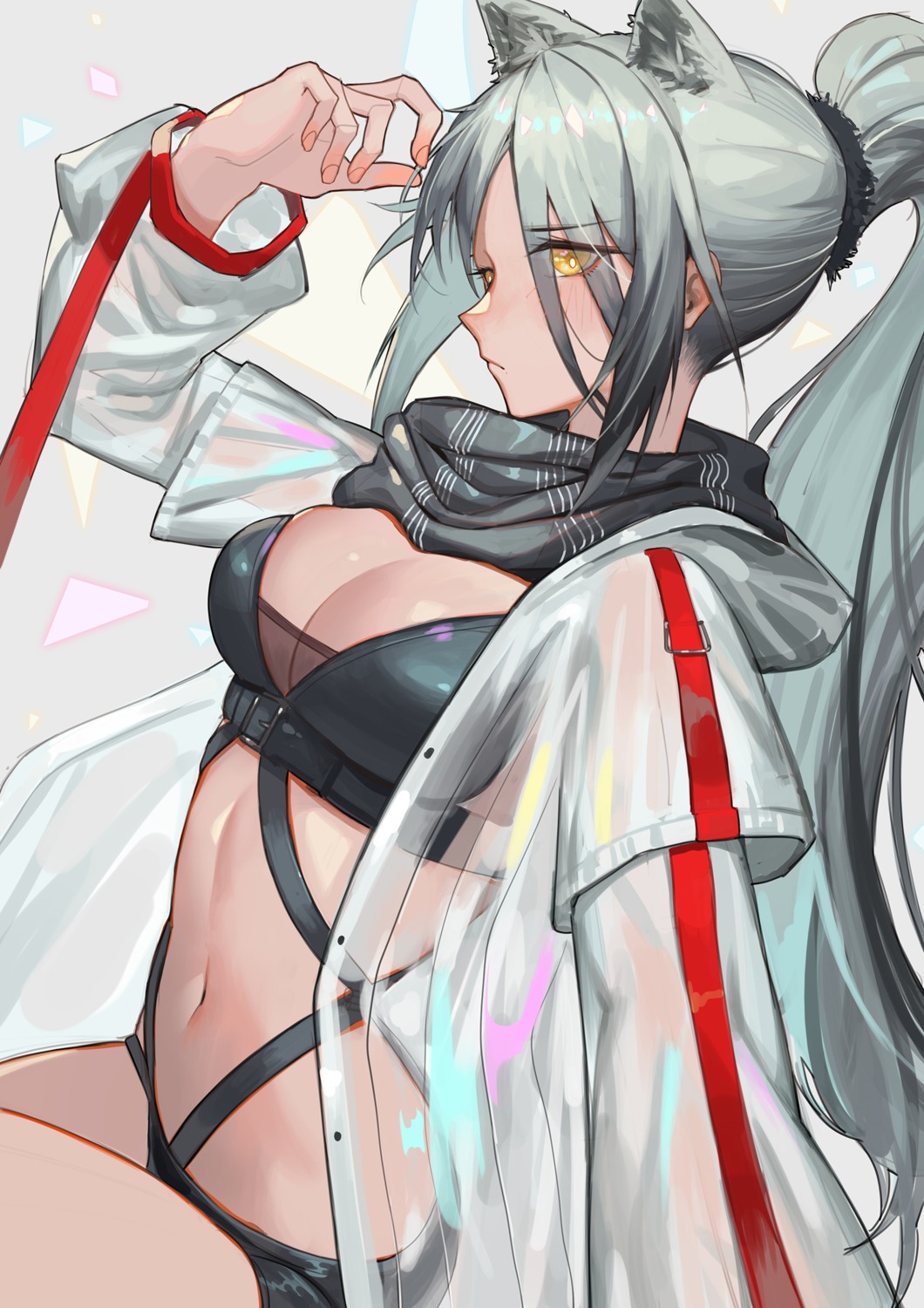 animal_ears, arknights, cleavage, krin, open_shirt, schwarz_(arknights), see_through