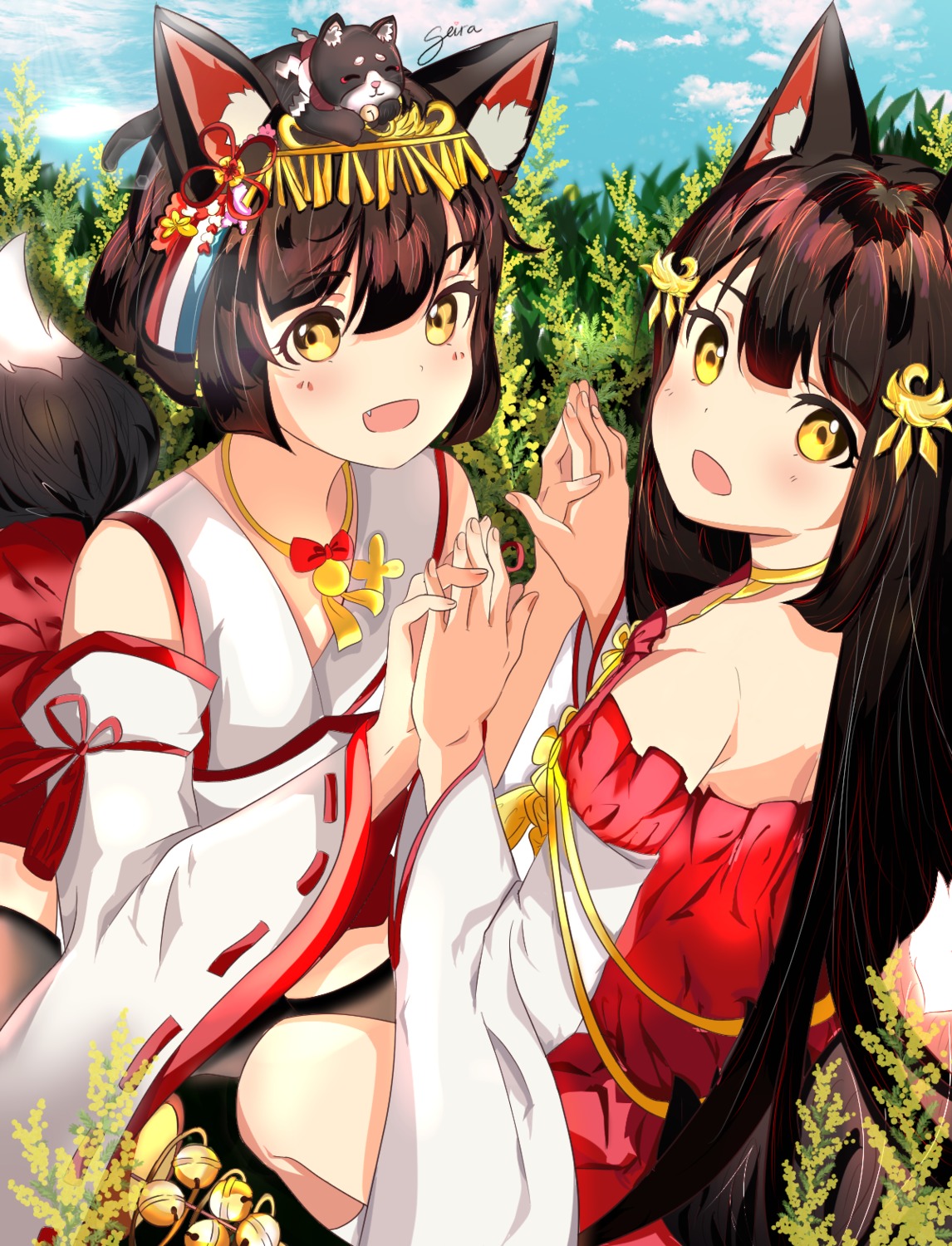 animal_ears, azur_lane, japanese_clothes, kitsune, miko, mutsu_(azur_lane), nagato_(azur_lane), neko