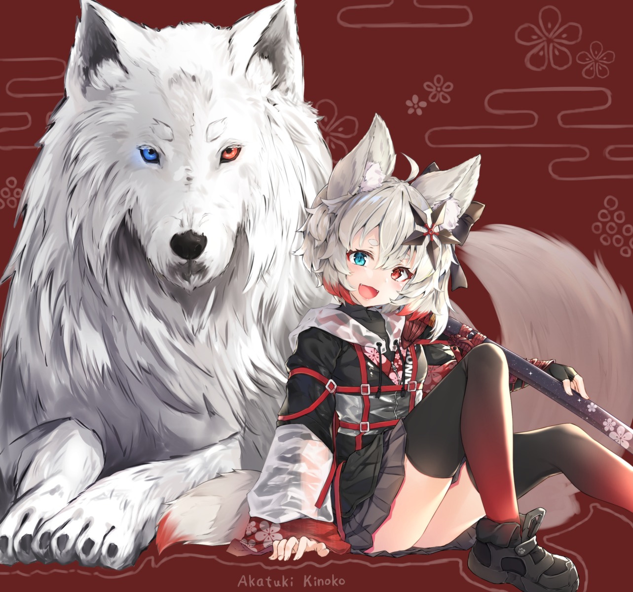 animal_ears, heterochromia, hyouta_(yoneya), japanese_clothes, see_through, skirt_lift, sword, tail