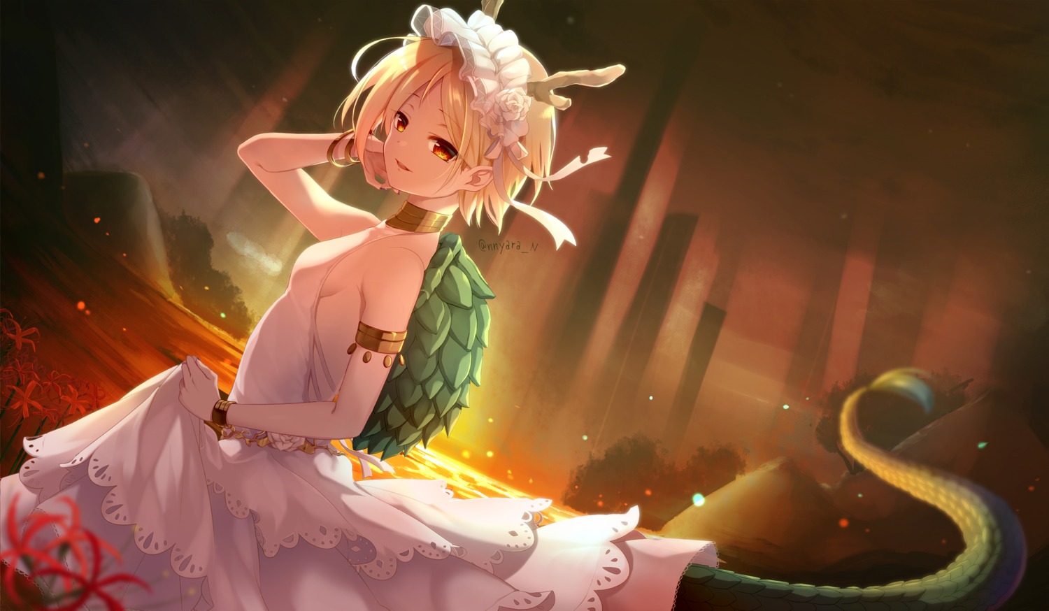 dress, horns, kicchou_yachie, no_bra, nyara_nico, skirt_lift, tail, touhou