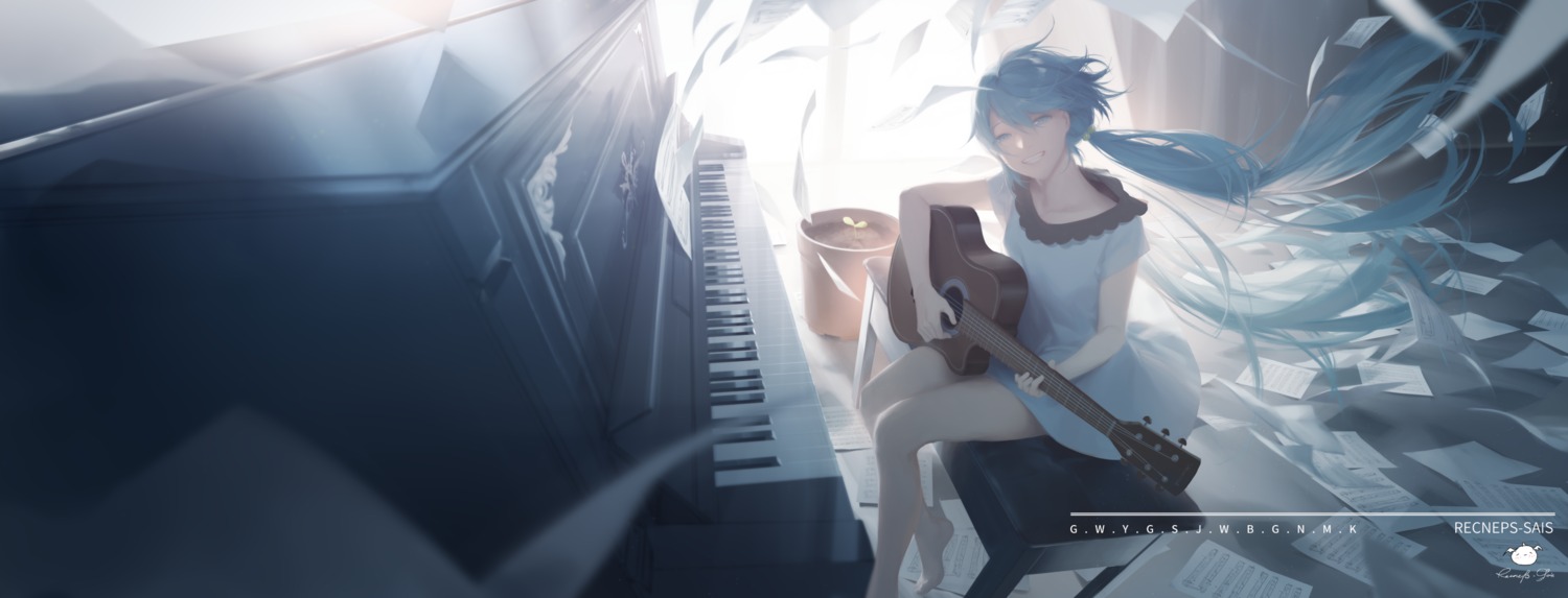 dress, guitar, hatsune_miku, spencer_sais, vocaloid