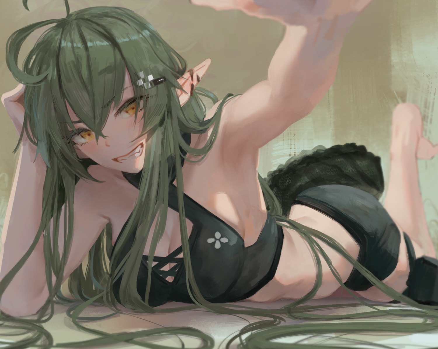 arknights, cleavage, gavial_(arknights), noccu, pointy_ears, thighhighs