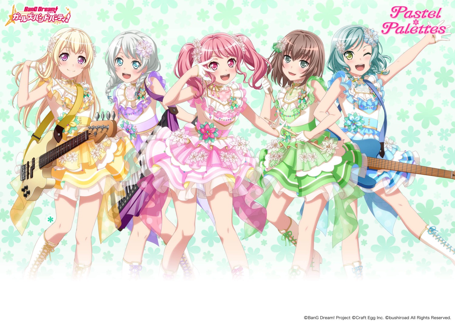 bang_dream!, guitar, heels, hikawa_hina, maruyama_aya, see_through, shirasagi_chisato, skirt_lift