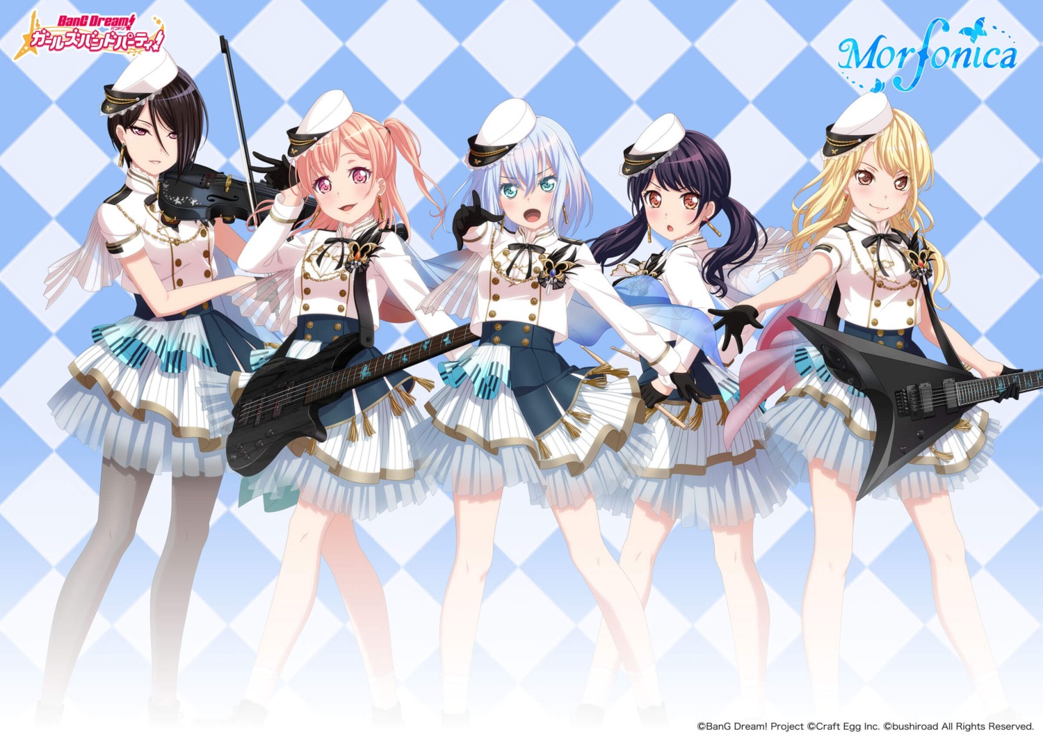 bang_dream!, bang_dream!_morfonication, futaba_tsukushi, guitar, hiromachi_nanami, kirigaya_touko, kurata_mashiro, pantyhose