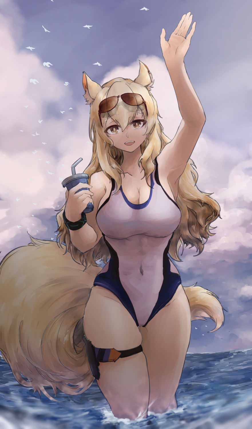 animal_ears, arknights, cleavage, garter, megane, nearl_(arknights), swimsuits, tail, vyragami, wet