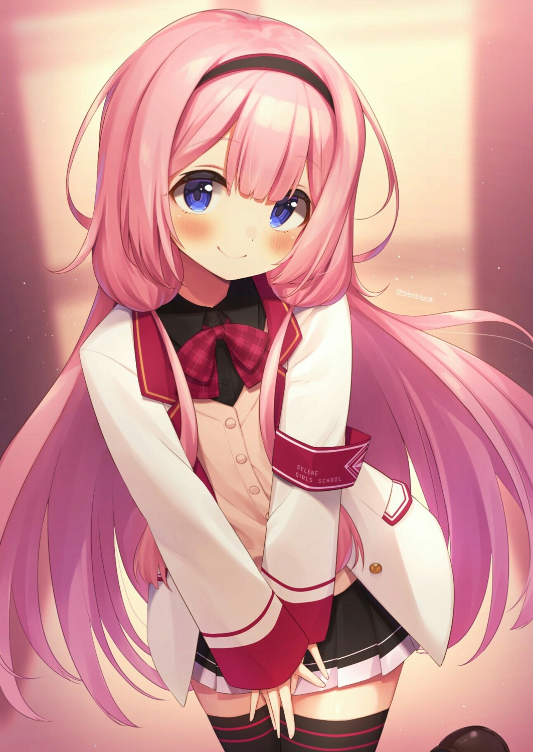 nijisanji, seifuku, suou_sango, sweater, thighhighs, tokoshibyra