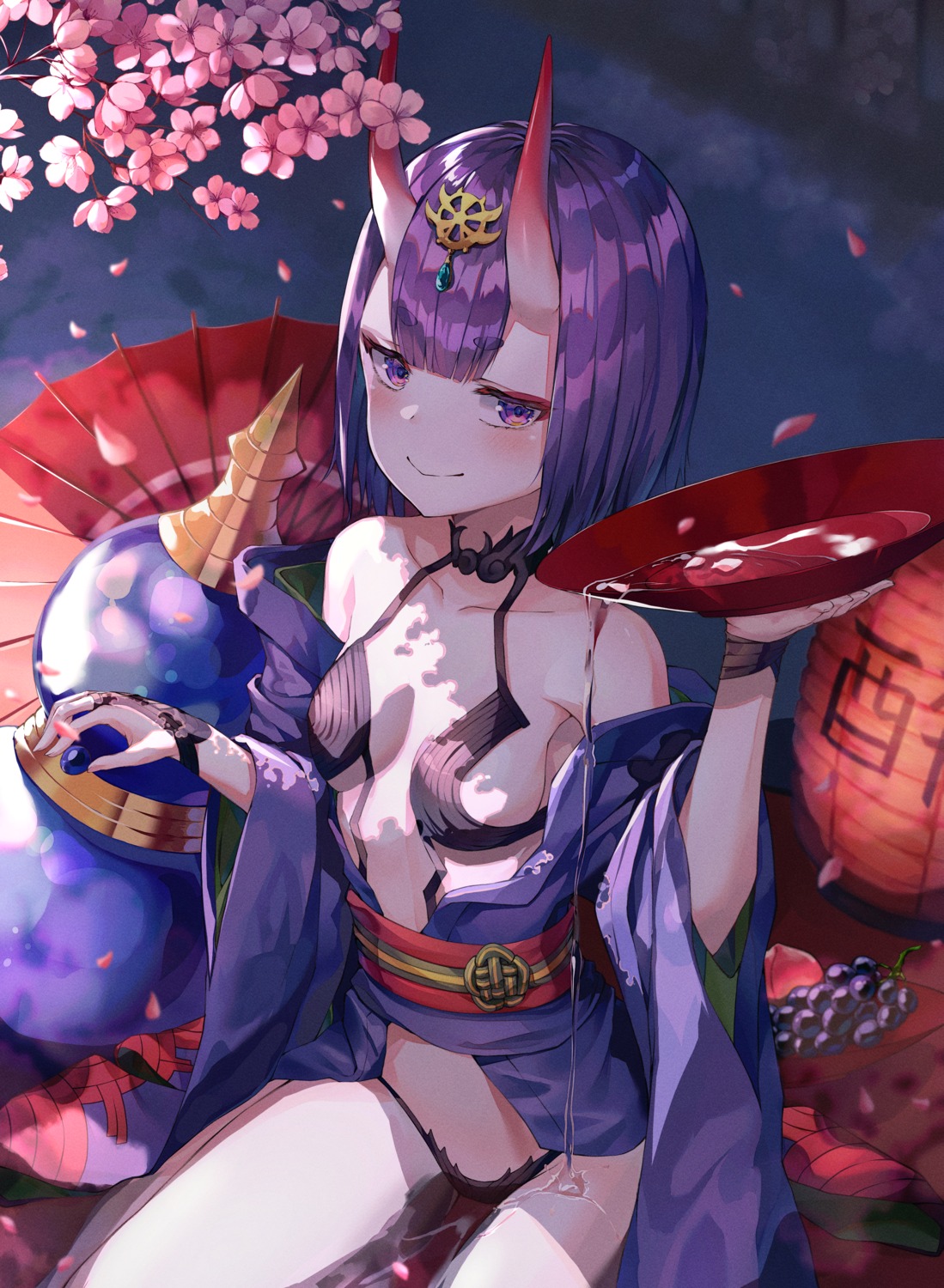 fate/grand_order, gyungsin, horns, japanese_clothes, no_bra, open_shirt, pantsu, shuten_douji_(fate)