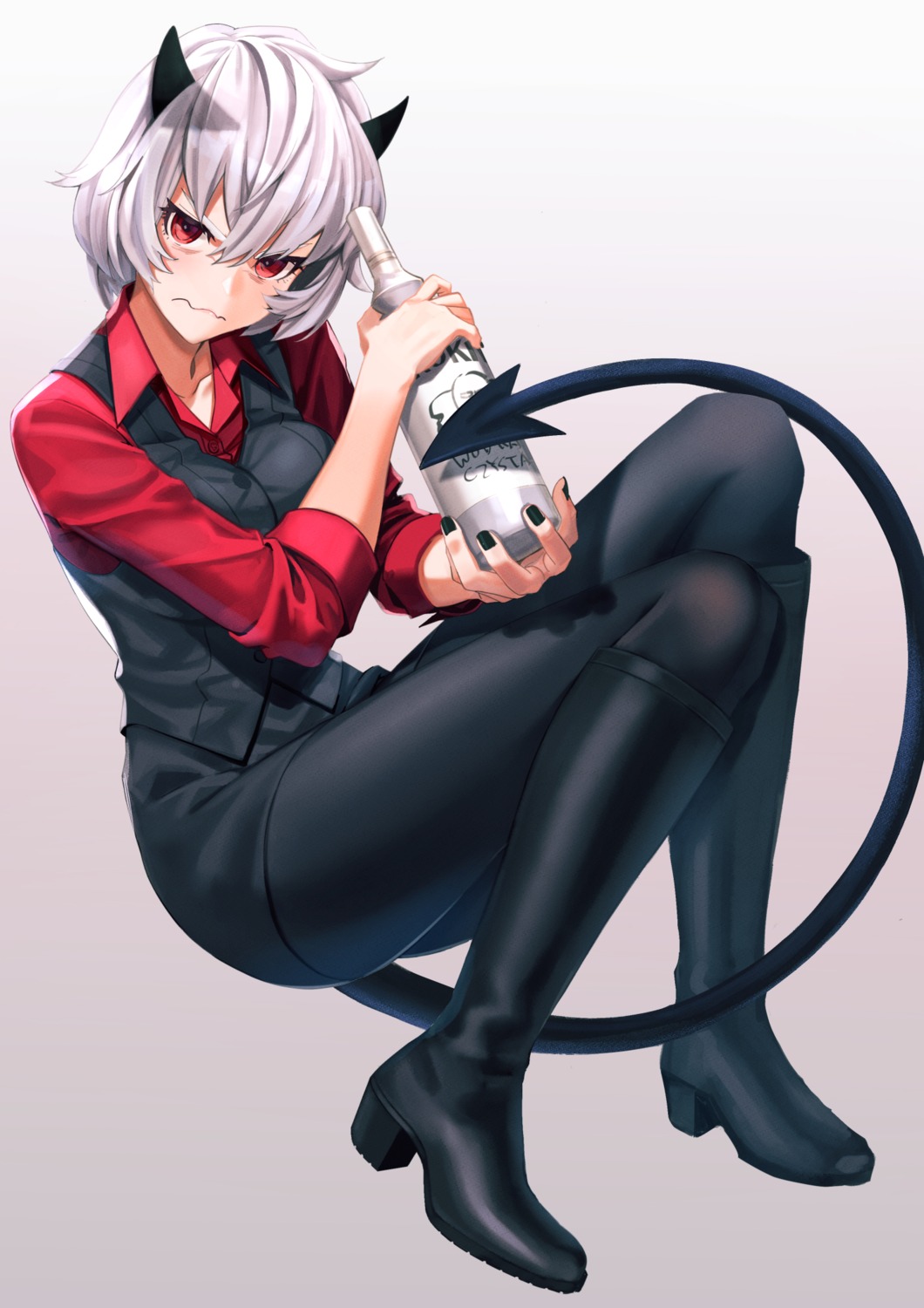 business_suit, heels, helltaker, horns, malina_(helltaker), pantyhose, tail, yoiyoi_uruu