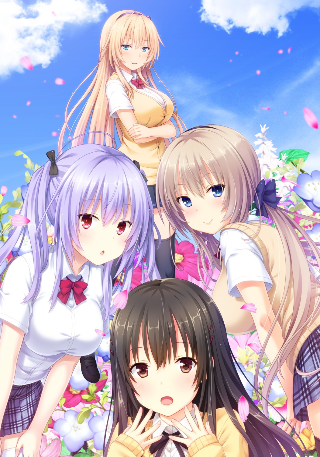 crossover, kyouno_hana, nekonyan, prekano, seifuku, serizawa_chisa, sweater, thighhighs, tonari_ni_kanojo_no_iru_shiawase_~curious_queen~, tonari_ni_kanojo_no_iru_shiawase_~summer_surprise~, tonari_ni_kanojo_no_iru_shiawase_~two_farce~, tonari_ni_kanojo_no_iru_shiawase_~winter_guest~, uryuu_koume, yukimura_shiho