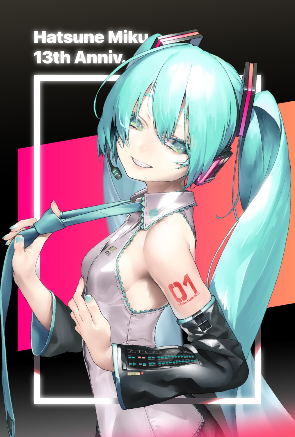 hatsune_miku, headphones, rsk_(tbhono), tattoo, vocaloid