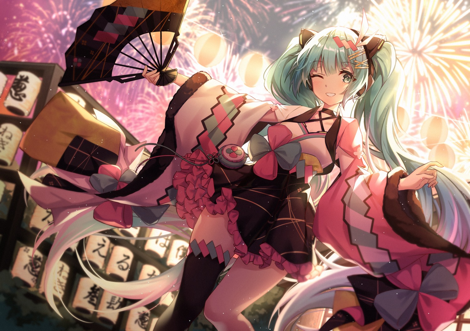 hatsune_miku, headphones, japanese_clothes, magical_mirai, skirt_lift, thighhighs, vocaloid, zhong_chai