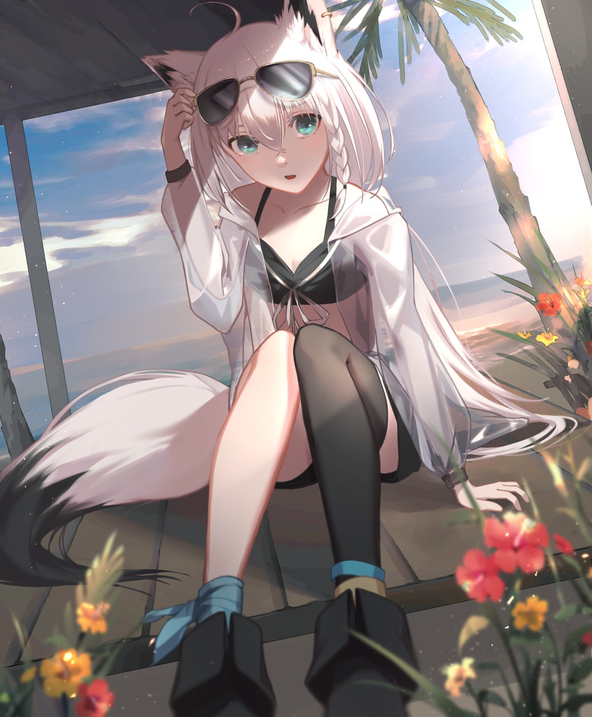animal_ears, bikini_top, cleavage, hololive, hololive_gamers, kitsune, oekaki_taro, open_shirt