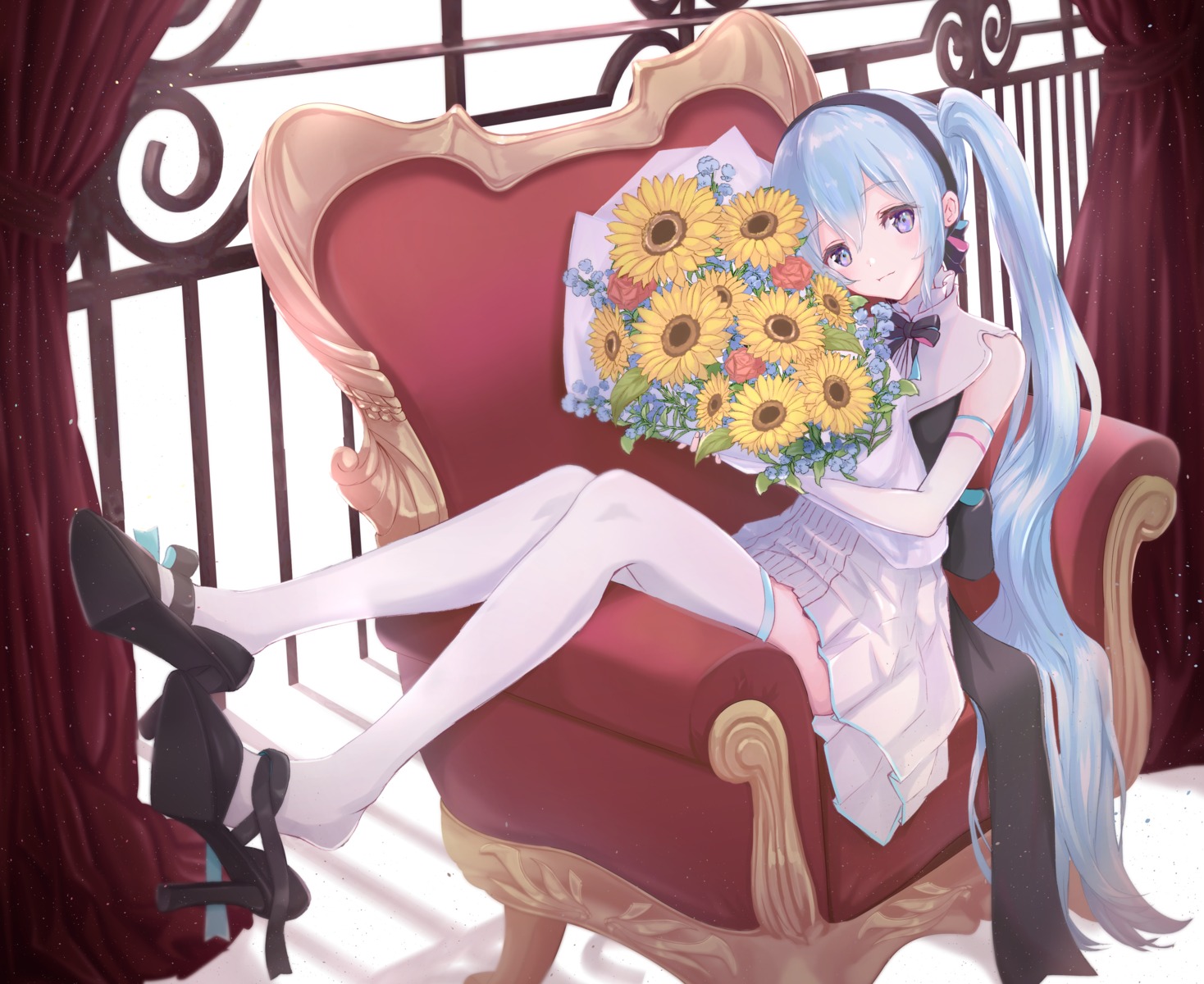 dress, hatsune_miku, heels, skirt_lift, thighhighs, vocaloid, yuzuaji
