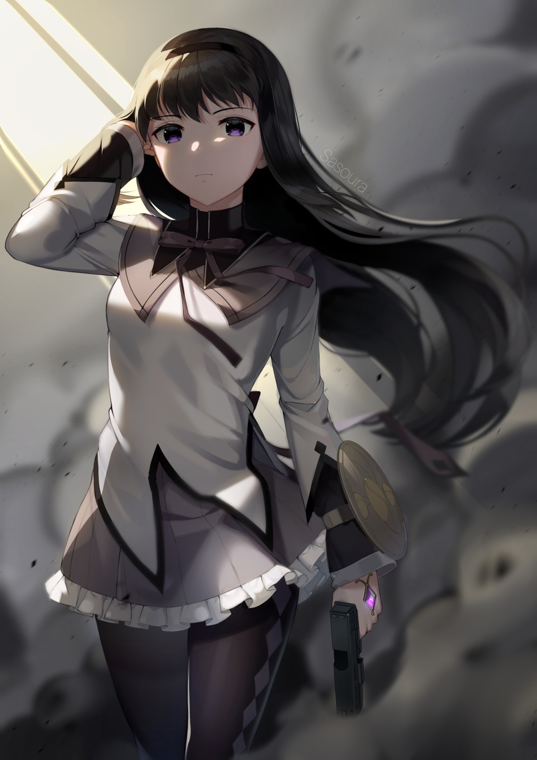akemi_homura, gun, mahou_shoujo_madoka_magica, pantyhose, sasoura, weapon