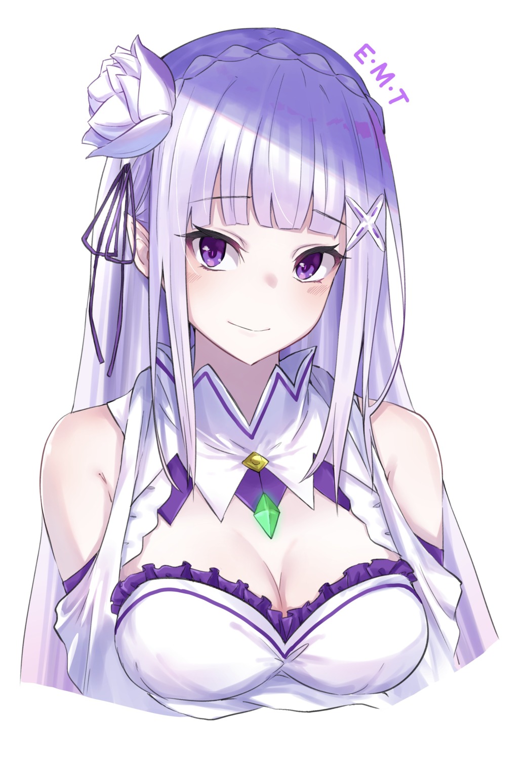 cleavage, elf, emilia_(re_zero), m.tokotsu, pointy_ears, re:zero_kara_hajimeru_isekai_seikatsu