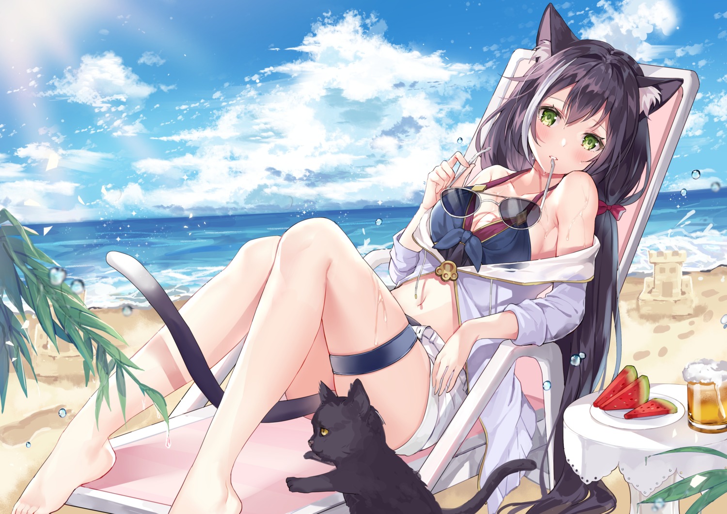 animal_ears, bikini, cleavage, garter, hum_(ten_ten), karyl_(princess_connect), megane, neko, nekomimi, open_shirt, princess_connect!, princess_connect!_re:dive, swimsuits, tail