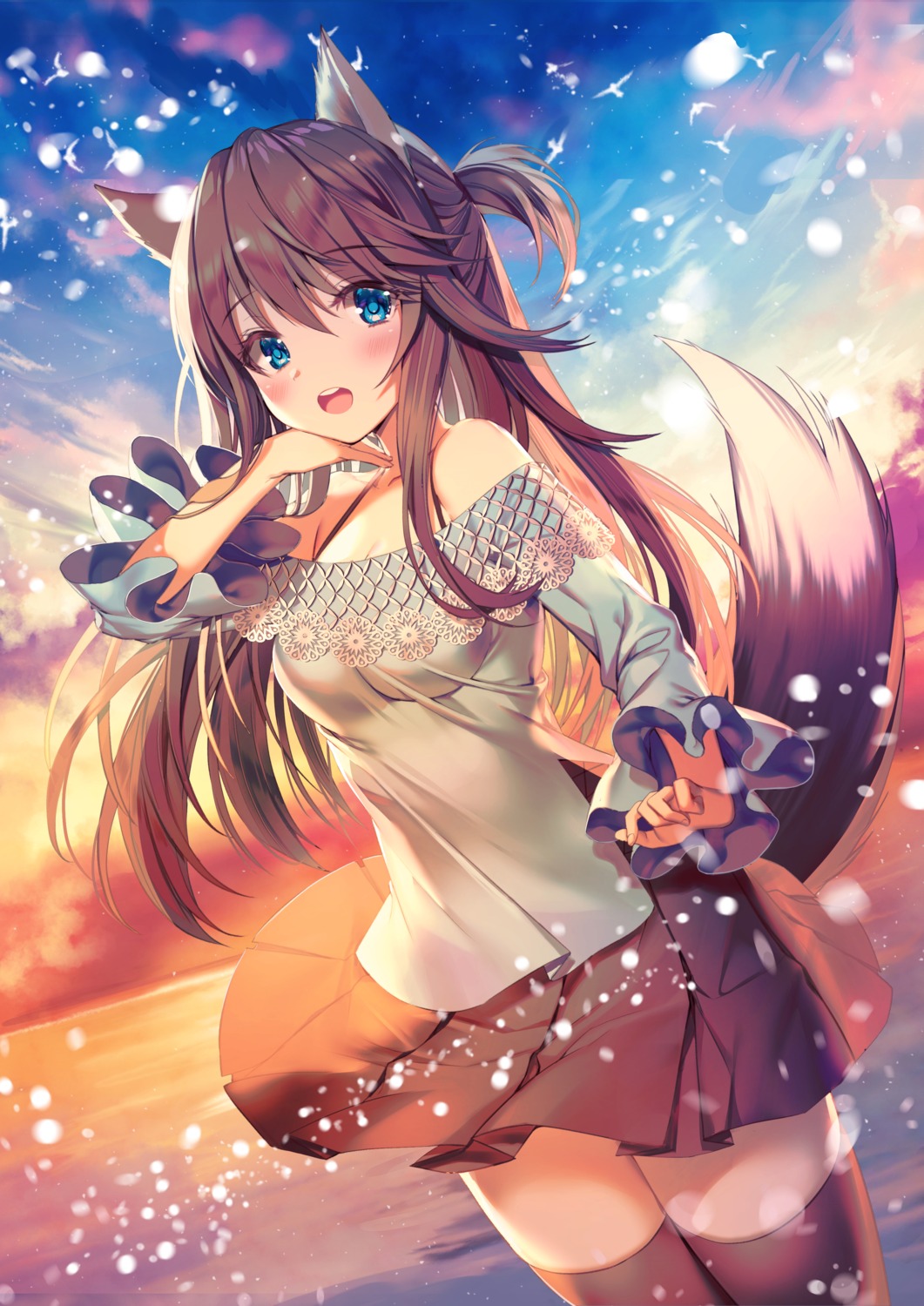 aile_(crossroads), animal_ears, bra, skirt_lift, tail, thighhighs