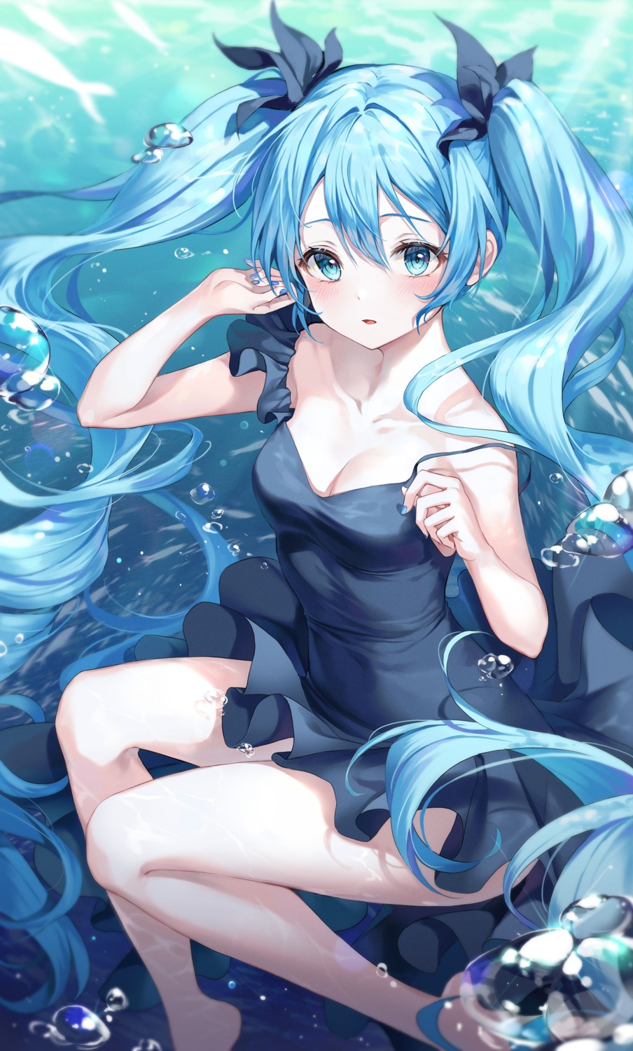 cleavage, dress, hatsune_miku, no_bra, roha, shinkai_shoujo_(vocaloid), skirt_lift, vocaloid