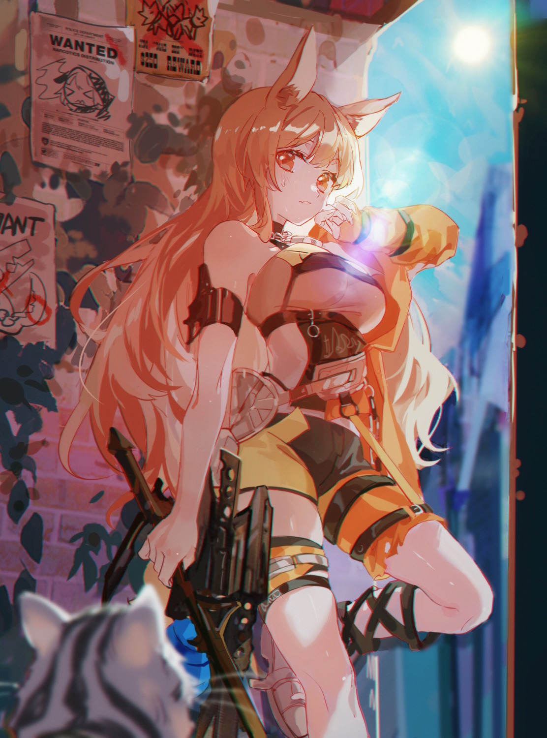 animal_ears, arknights, ceobe_(arknights), garter, kanose, weapon