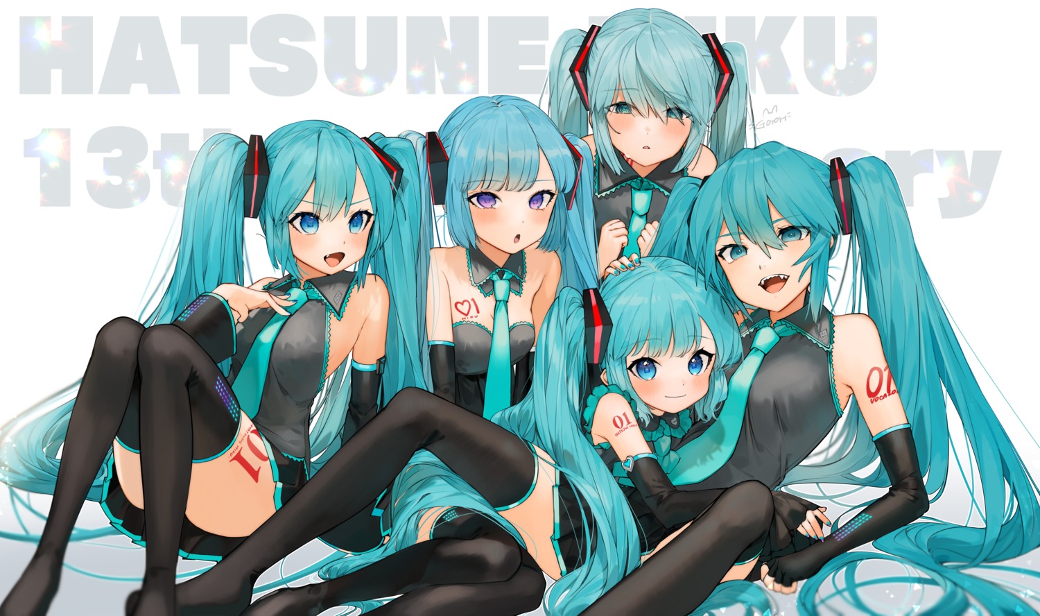 gotoh510, hatsune_miku, no_bra, skirt_lift, tattoo, thighhighs, vocaloid