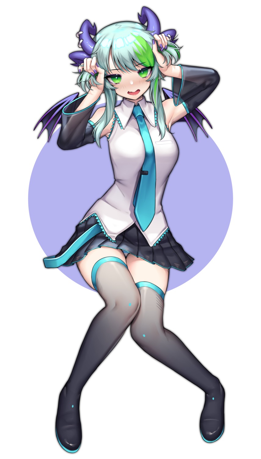 apricot_(froot), bsapricot, cosplay, hatsune_miku, horns, pantsu, shimapan, skirt_lift, thighhighs, vocaloid, vshojo, wings