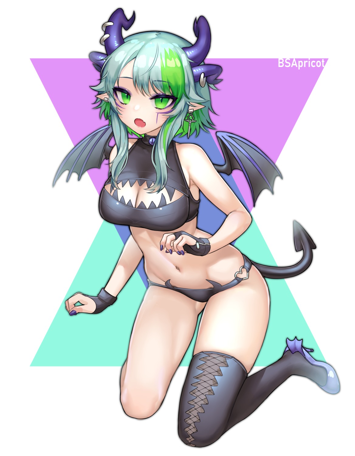 apricot_(froot), bra, bsapricot, cleavage, fishnets, heels, horns, pantsu, pointy_ears, tail, thighhighs, vshojo, wings