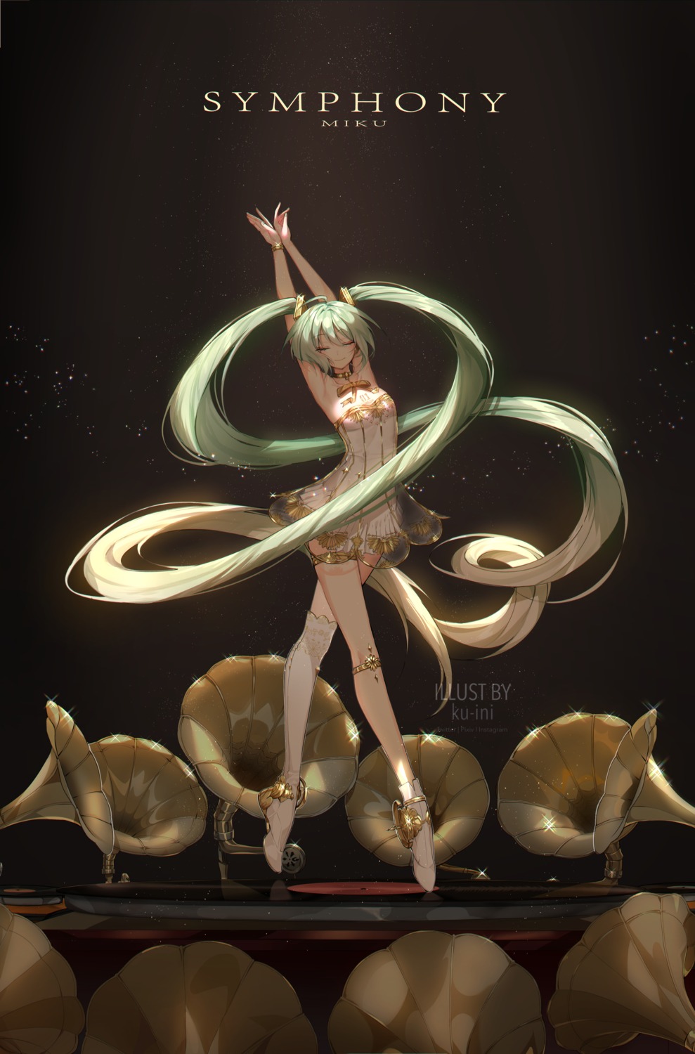 dress, gramophone_miku, hatsune_miku, hatsune_miku_symphony, kuini, no_bra, see_through, tattoo