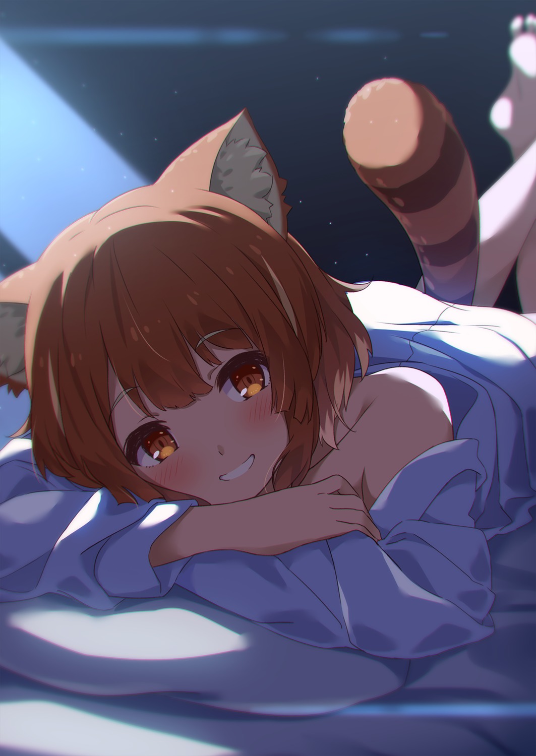 animal_ears, narumi_nanami, nijisanji, no_bra, open_shirt, ratna_petit, tail