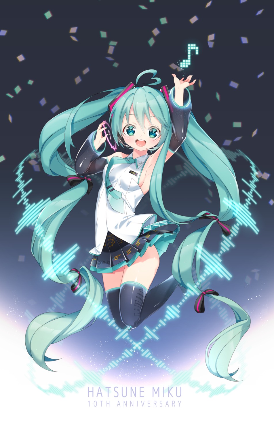 arami_o_8, hatsune_miku, headphones, skirt_lift, thighhighs, vocaloid