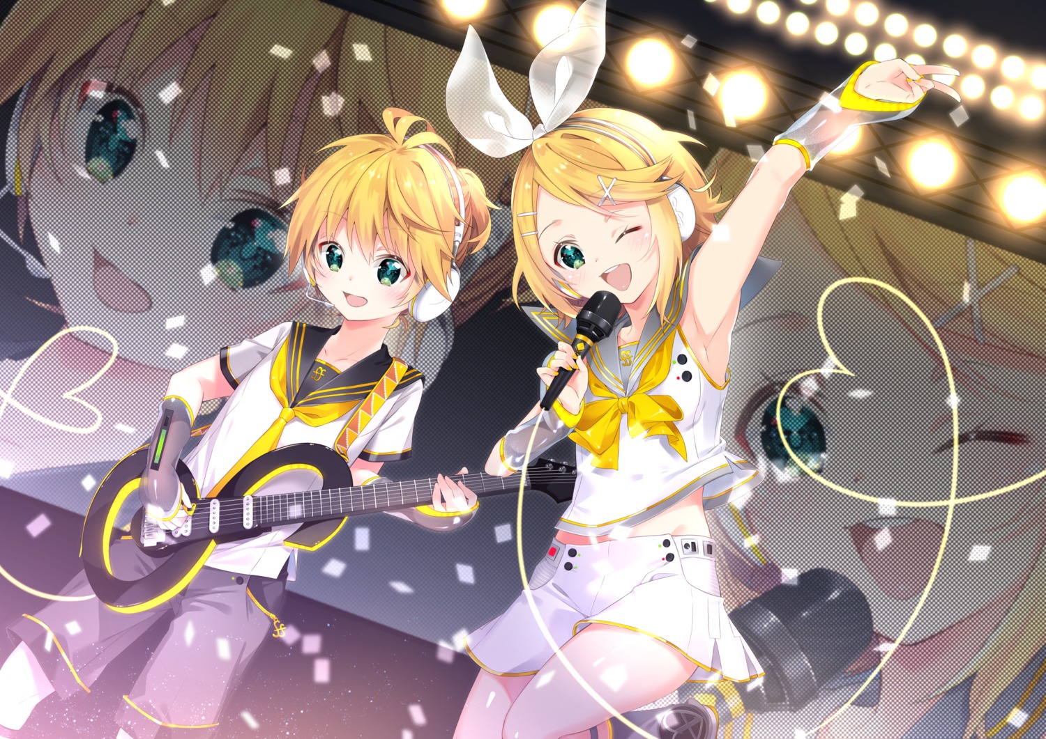 arami_o_8, guitar, headphones, kagamine_len, kagamine_rin, seifuku, vocaloid
