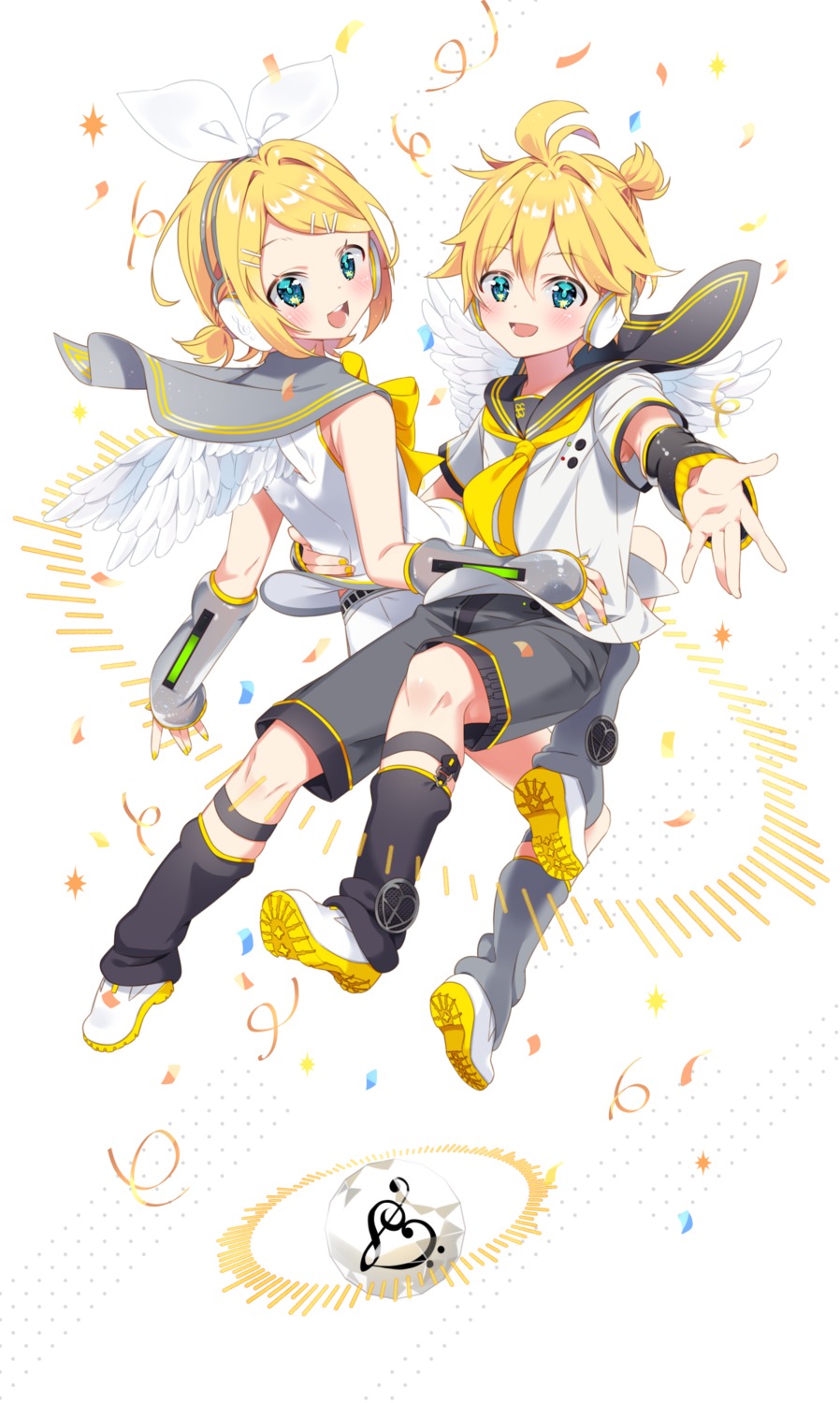 arami_o_8, headphones, kagamine_len, kagamine_rin, seifuku, vocaloid, wings