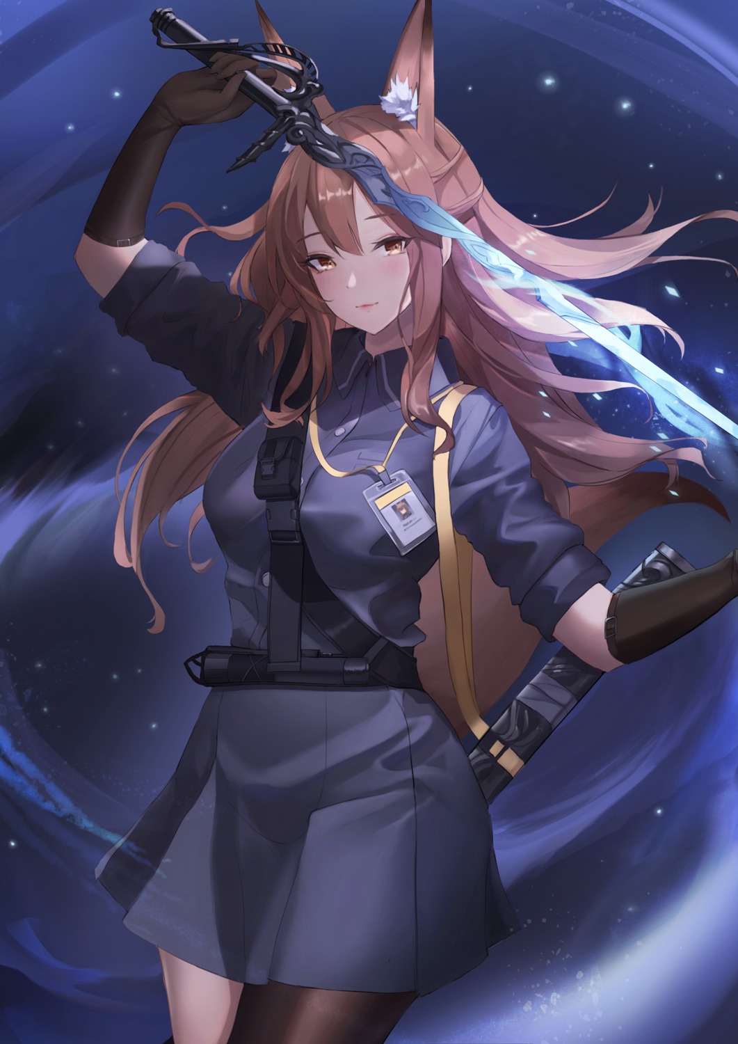 animal_ears, arknights, eru_(eru_illust), franka_(arknights), sword, tail, thighhighs, uniform
