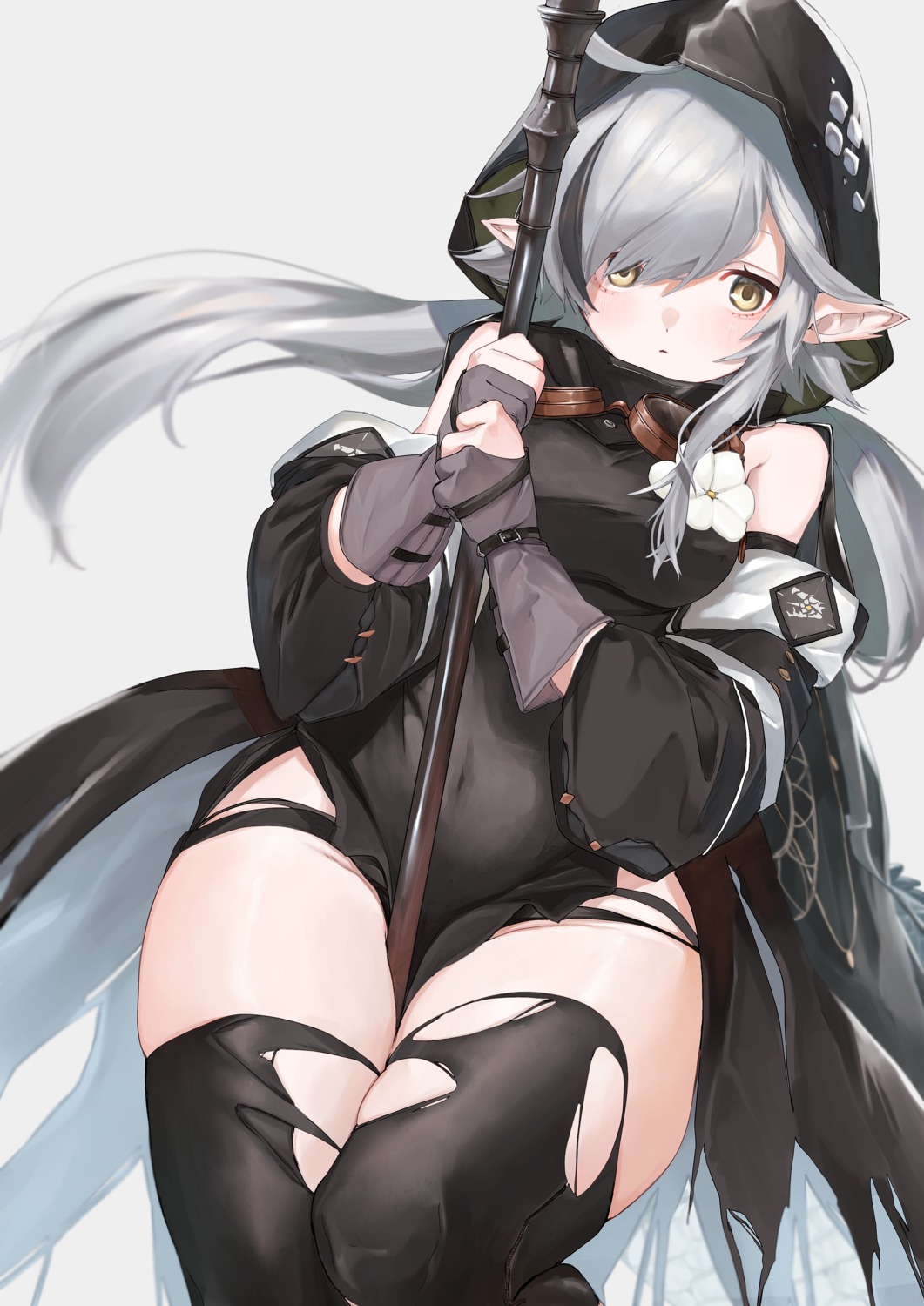 arknights, pointy_ears, seisei_tamago, thighhighs, tomimi_(arknights), torn_clothes, weapon