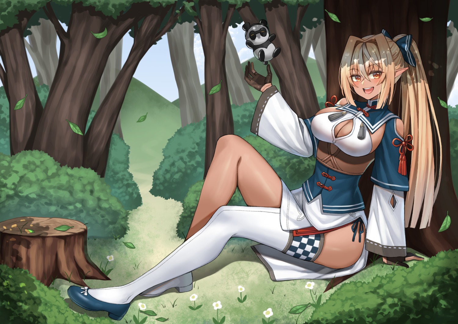 asian_clothes, cleavage, elf, hololive, nanni_jjang, no_bra, pointy_ears, shiranui_flare