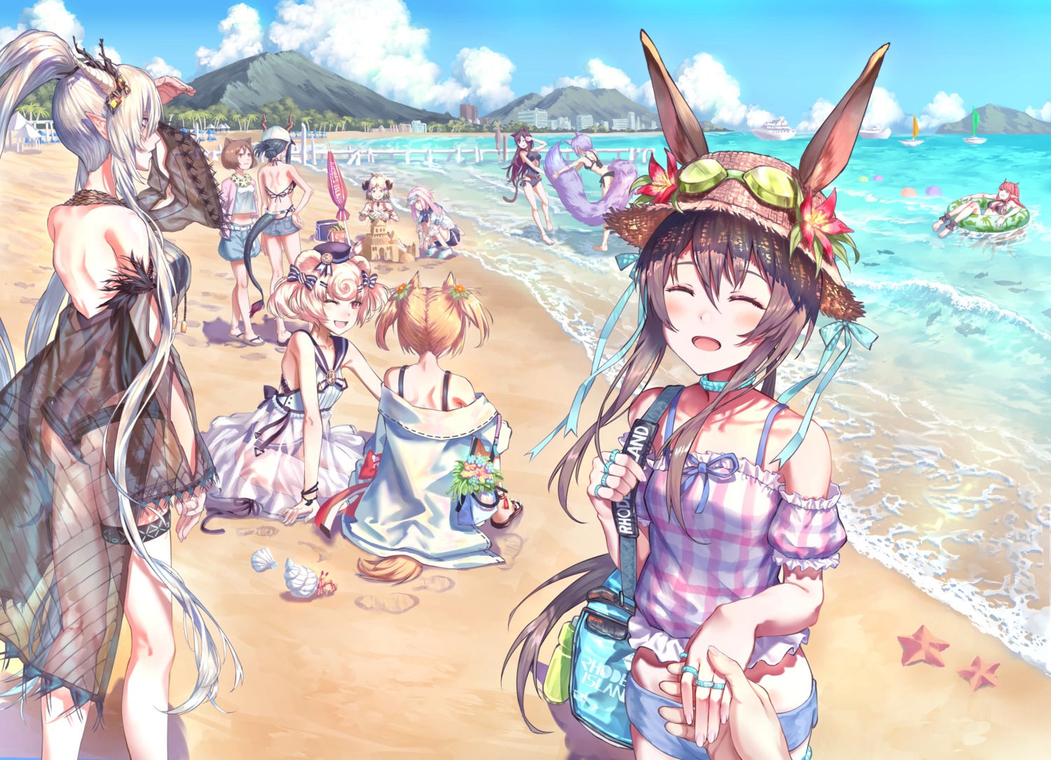 amiya_(arknights), animal_ears, ansel_(arknights), arknights, artist_revision, ass, bikini, bunny_ears