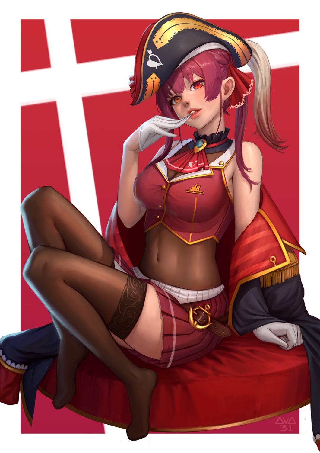 ava_(ava31), heterochromia, hololive, houshou_marine, pirate, skirt_lift, thighhighs