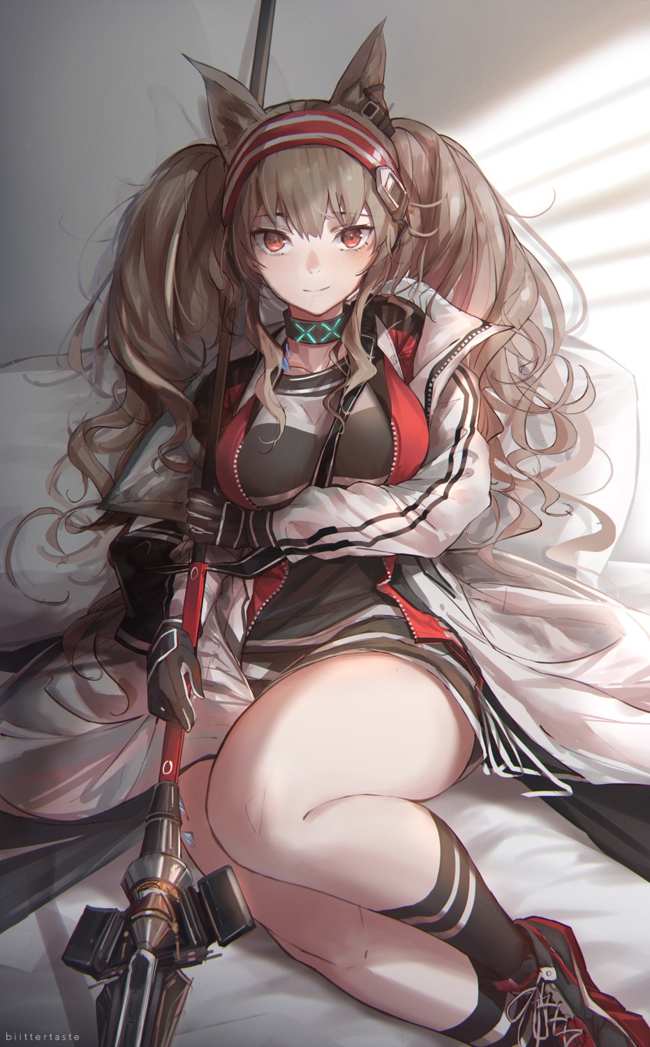 angelina_(arknights), animal_ears, arknights, biittertaste, weapon