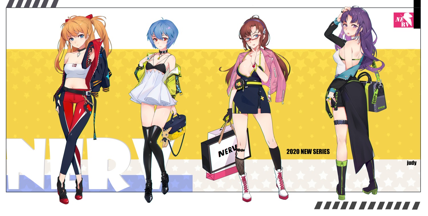 ayanami_rei, bra, cleavage, dress, garter, heels, jiujiuyatou_(yayanzz), katsuragi_misato, makinami_mari_illustrious, megane, neon_genesis_evangelion, no_bra, souryuu_asuka_langley, thighhighs