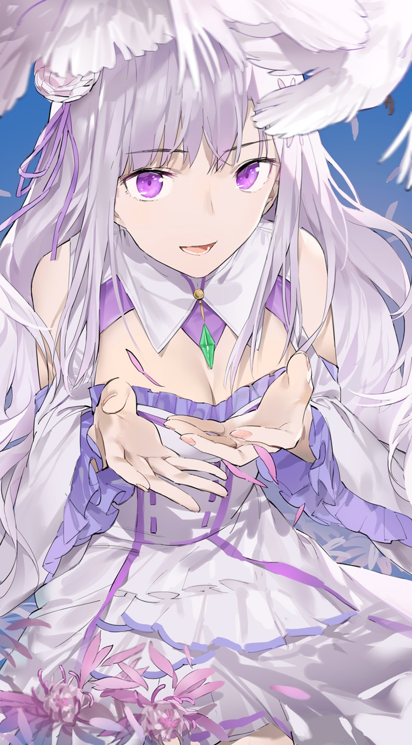 cleavage, dress, emilia_(re_zero), neee-t, re:zero_kara_hajimeru_isekai_seikatsu