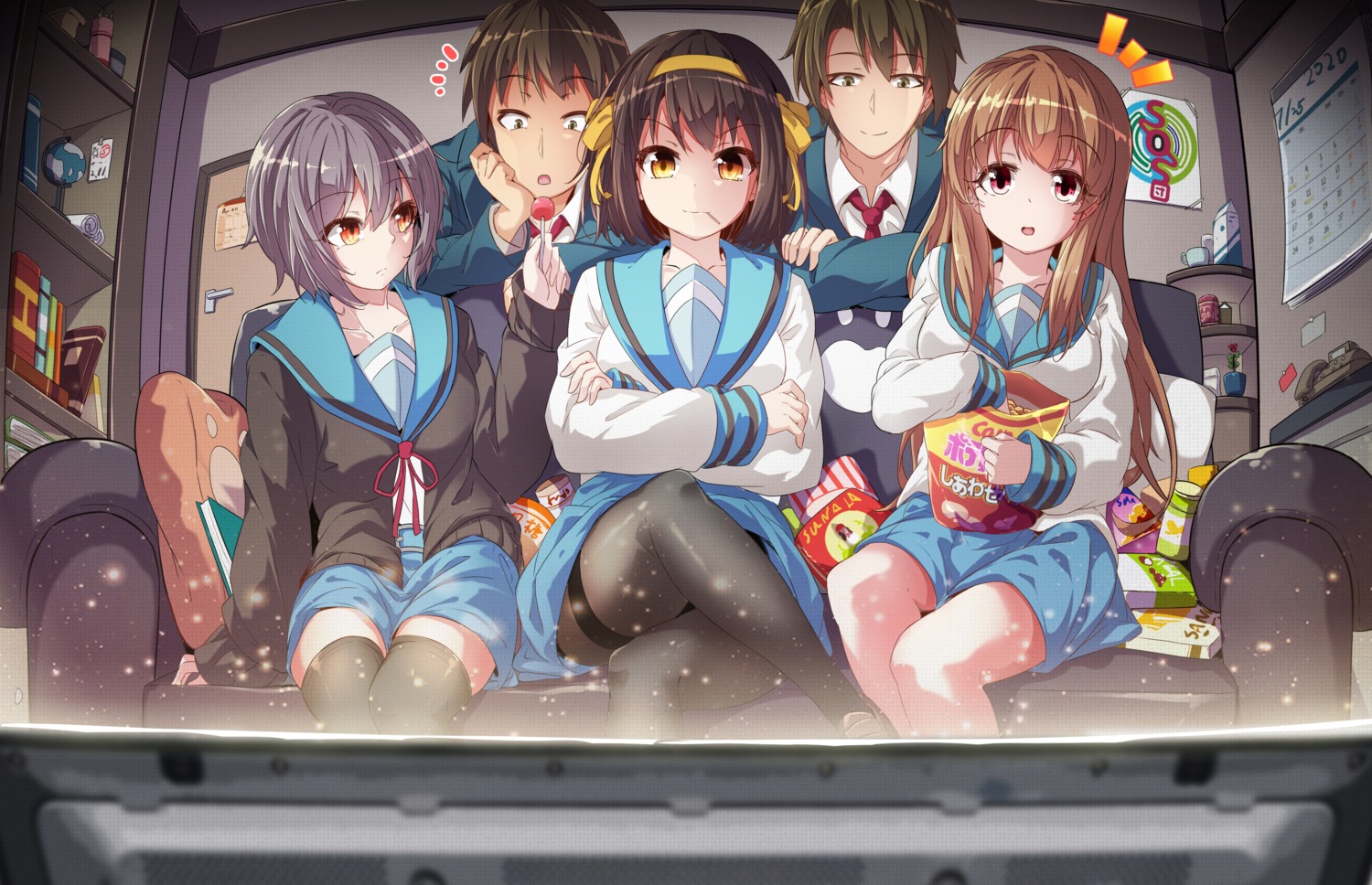 627247421, asahina_mikuru, koizumi_itsuki, kyon, nagato_yuki, pantyhose, seifuku, skirt_lift