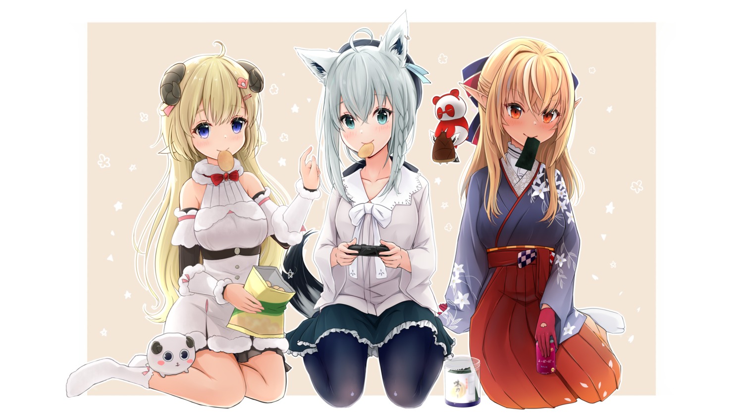 animal_ears, dress, elf, hololive, hololive_gamers, horns, japanese_clothes, kitsune
