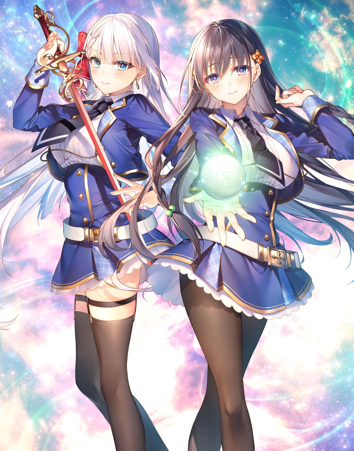 elfiné_phillet, garter, pantyhose, riselia_ray_crystalia, seifuku, seiken_gakuin_no_maken_tsukai, skirt_lift, stockings